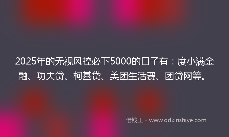 2025年的无视风控必下5000的口子有：度小满金融、功夫贷、柯基贷、美团生活费、团贷网等。