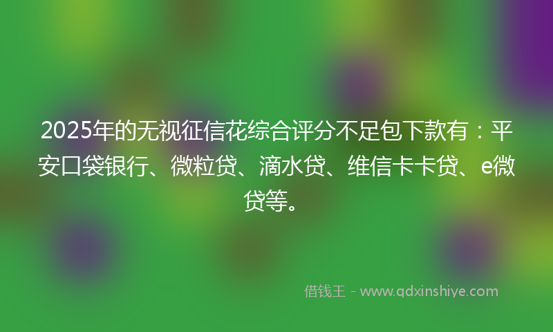 2025年的无视征信花综合评分不足包下款有：平安口袋银行、微粒贷、滴水贷、维信卡卡贷、e微贷等。