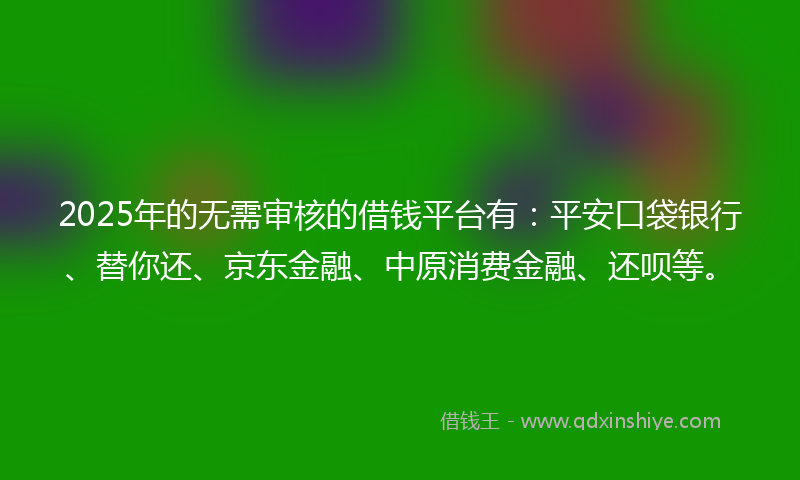 2025年的无需审核的借钱平台有：平安口袋银行、替你还、京东金融、中原消费金融、还呗等。