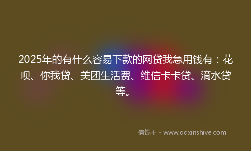2025年的有什么容易下款的网贷我急用钱有：花呗、你我贷、美团生活费、维信卡卡贷、滴水贷等。
