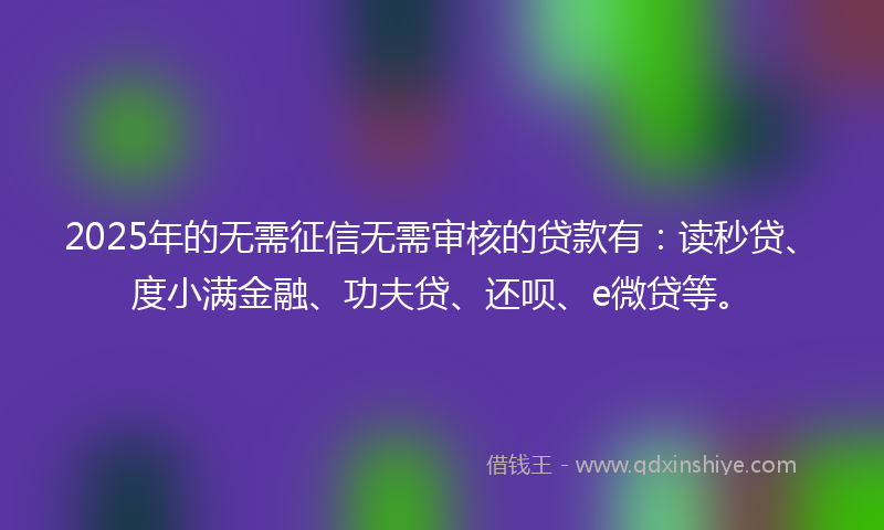 2025年的无需征信无需审核的贷款有：读秒贷、度小满金融、功夫贷、还呗、e微贷等。
