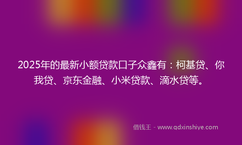 2025年的最新小额贷款口子众鑫有：柯基贷、你我贷、京东金融、小米贷款、滴水贷等。