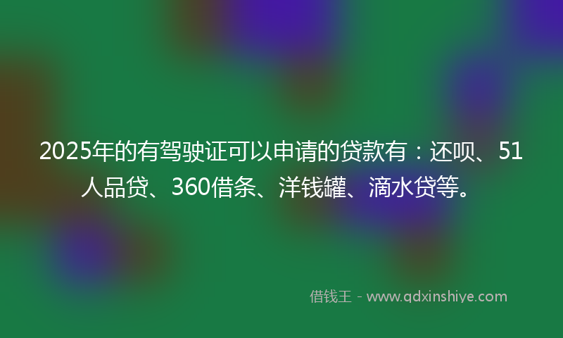 2025年的有驾驶证可以申请的贷款有：还呗、51人品贷、360借条、洋钱罐、滴水贷等。