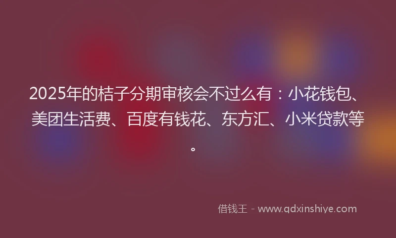 2025年的桔子分期审核会不过么有：小花钱包、美团生活费、百度有钱花、东方汇、小米贷款等。