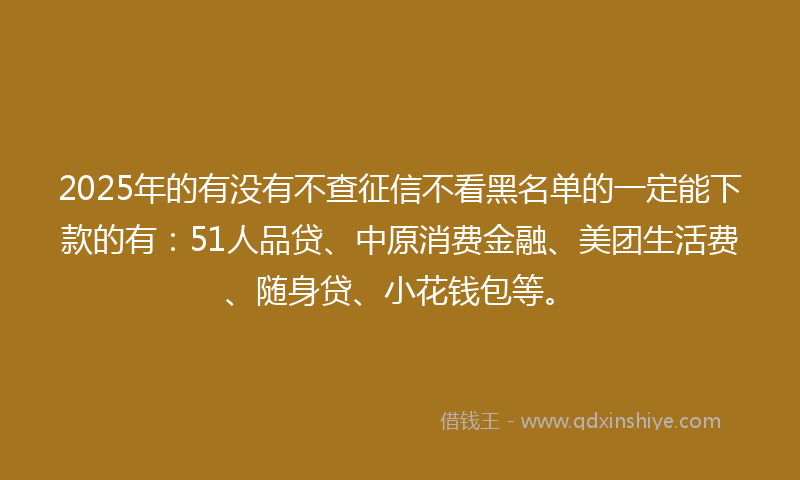 2025年的有没有不查征信不看黑名单的一定能下款的有：51人品贷、中原消费金融、美团生活费、随身贷、小花钱包等。
