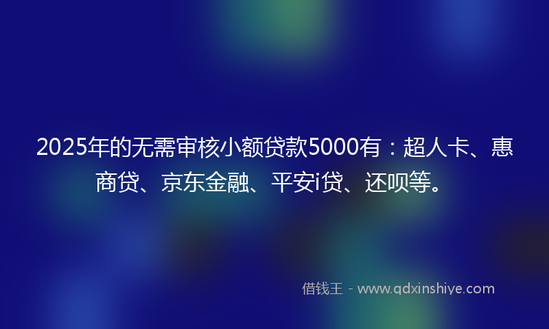 2025年的无需审核小额贷款5000有：超人卡、惠商贷、京东金融、平安i贷、还呗等。