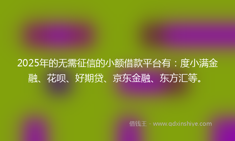 2025年的无需征信的小额借款平台有：度小满金融、花呗、好期贷、京东金融、东方汇等。