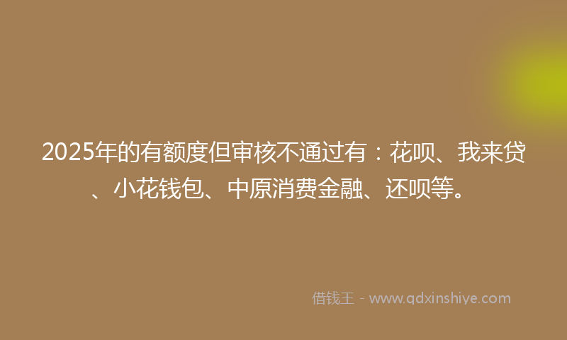 2025年的有额度但审核不通过有：花呗、我来贷、小花钱包、中原消费金融、还呗等。