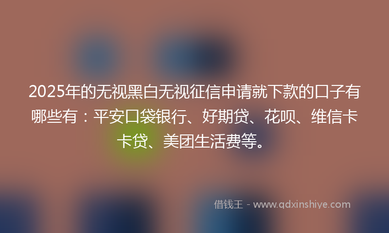 2025年的无视黑白无视征信申请就下款的口子有哪些有：平安口袋银行、好期贷、花呗、维信卡卡贷、美团生活费等。