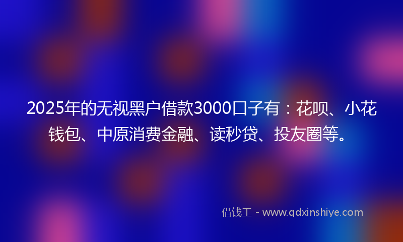 2025年的无视黑户借款3000口子有：花呗、小花钱包、中原消费金融、读秒贷、投友圈等。
