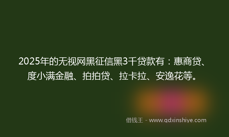 2025年的无视网黑征信黑3千贷款有：惠商贷、度小满金融、拍拍贷、拉卡拉、安逸花等。