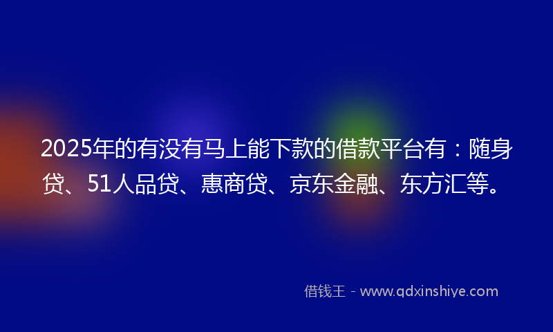 2025年的有没有马上能下款的借款平台有：随身贷、51人品贷、惠商贷、京东金融、东方汇等。