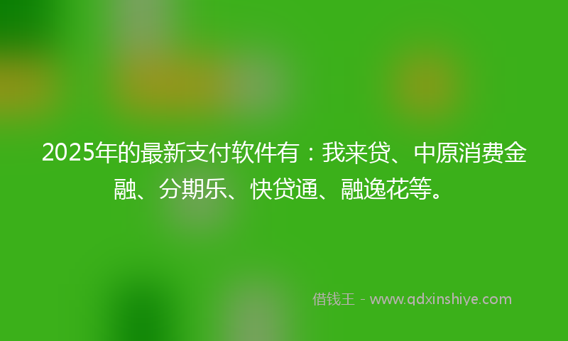 2025年的最新支付软件有：我来贷、中原消费金融、分期乐、快贷通、融逸花等。
