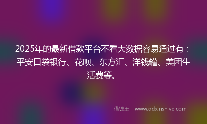 2025年的最新借款平台不看大数据容易通过有：平安口袋银行、花呗、东方汇、洋钱罐、美团生活费等。