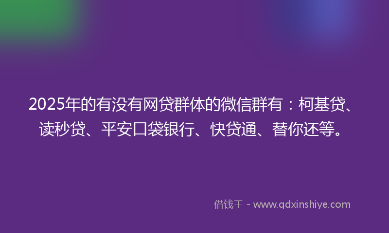 2025年的有没有网贷群体的微信群有：柯基贷、读秒贷、平安口袋银行、快贷通、替你还等。