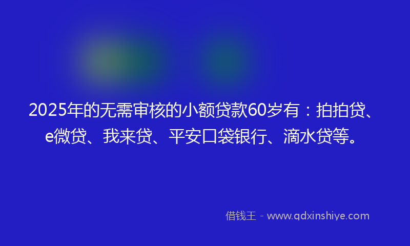 2025年的无需审核的小额贷款60岁有：拍拍贷、e微贷、我来贷、平安口袋银行、滴水贷等。