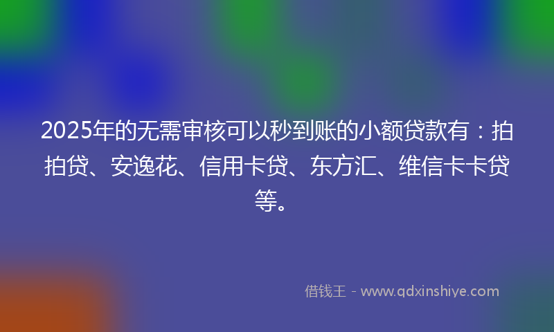 2025年的无需审核可以秒到账的小额贷款有：拍拍贷、安逸花、信用卡贷、东方汇、维信卡卡贷等。