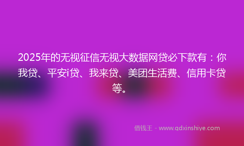 2025年的无视征信无视大数据网贷必下款有：你我贷、平安i贷、我来贷、美团生活费、信用卡贷等。