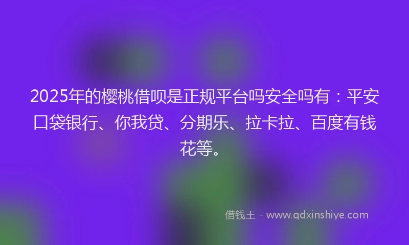 2025年的樱桃借呗是正规平台吗安全吗有：平安口袋银行、你我贷、分期乐、拉卡拉、百度有钱花等。