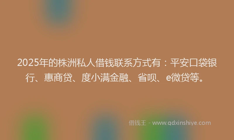 2025年的株洲私人借钱联系方式有：平安口袋银行、惠商贷、度小满金融、省呗、e微贷等。