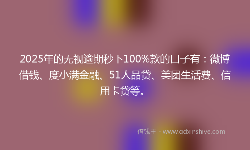 2025年的无视逾期秒下100%款的口子有：微博借钱、度小满金融、51人品贷、美团生活费、信用卡贷等。