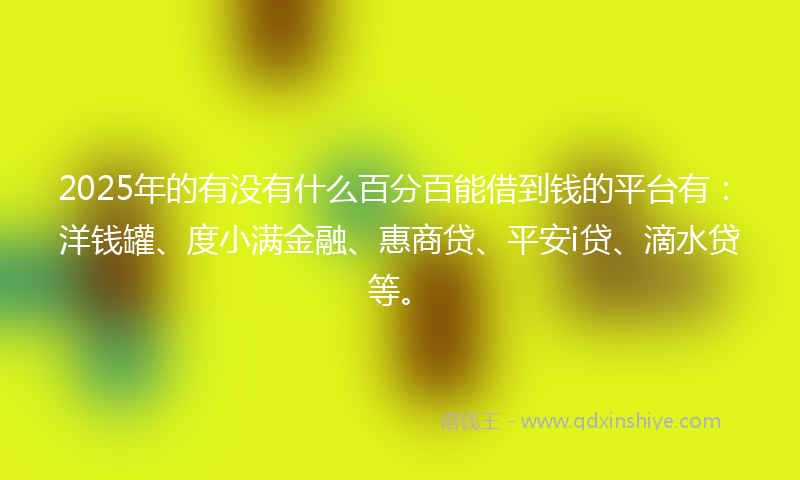 2025年的有没有什么百分百能借到钱的平台有：洋钱罐、度小满金融、惠商贷、平安i贷、滴水贷等。