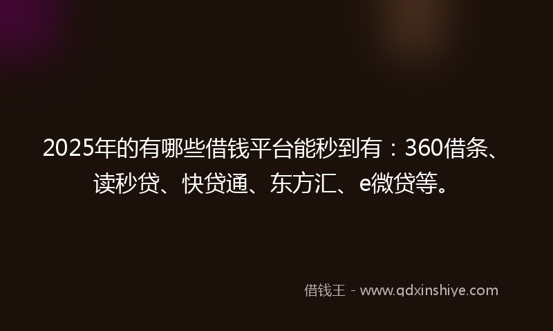 2025年的有哪些借钱平台能秒到有：360借条、读秒贷、快贷通、东方汇、e微贷等。