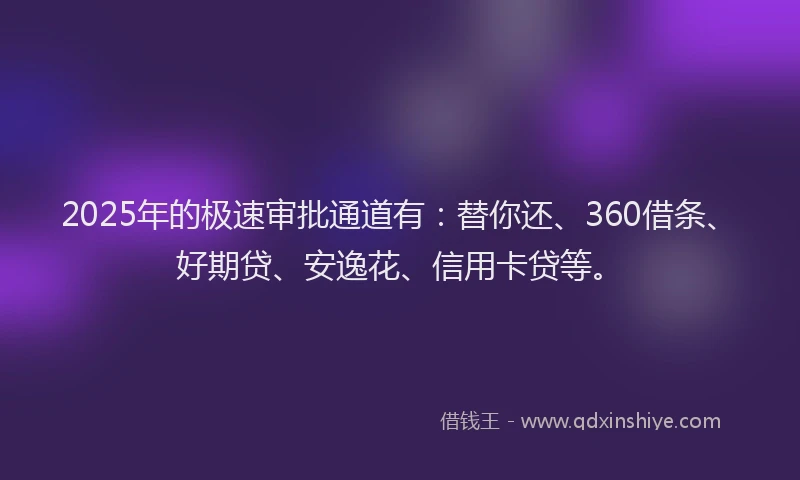 2025年的极速审批通道有：替你还、360借条、好期贷、安逸花、信用卡贷等。