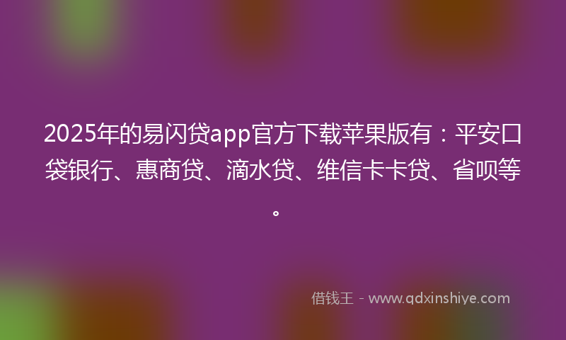 2025年的易闪贷app官方下载苹果版有：平安口袋银行、惠商贷、滴水贷、维信卡卡贷、省呗等。