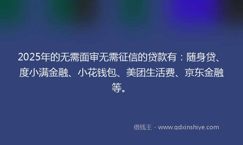 2025年的无需面审无需征信的贷款有：随身贷、度小满金融、小花钱包、美团生活费、京东金融等。
