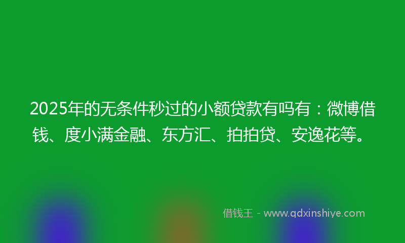 2025年的无条件秒过的小额贷款有吗有：微博借钱、度小满金融、东方汇、拍拍贷、安逸花等。