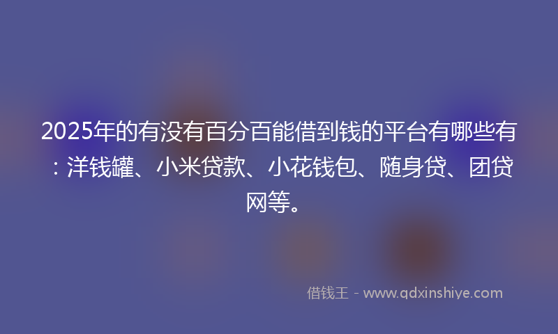 2025年的有没有百分百能借到钱的平台有哪些有：洋钱罐、小米贷款、小花钱包、随身贷、团贷网等。