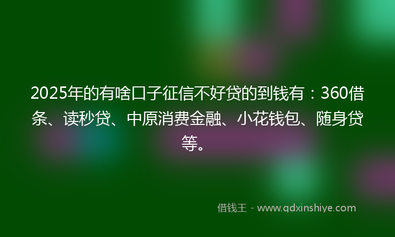 2025年的有啥口子征信不好贷的到钱有：360借条、读秒贷、中原消费金融、小花钱包、随身贷等。