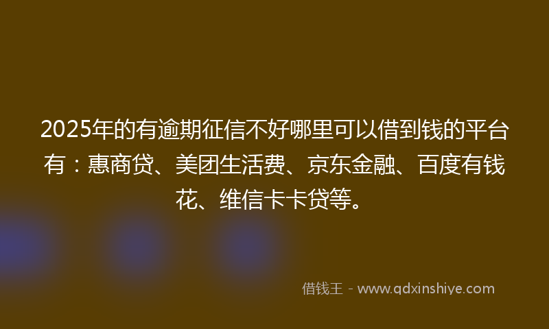 2025年的有逾期征信不好哪里可以借到钱的平台有：惠商贷、美团生活费、京东金融、百度有钱花、维信卡卡贷等。