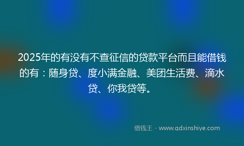 2025年的有没有不查征信的贷款平台而且能借钱的有：随身贷、度小满金融、美团生活费、滴水贷、你我贷等。