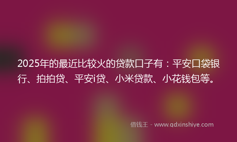 2025年的最近比较火的贷款口子有：平安口袋银行、拍拍贷、平安i贷、小米贷款、小花钱包等。