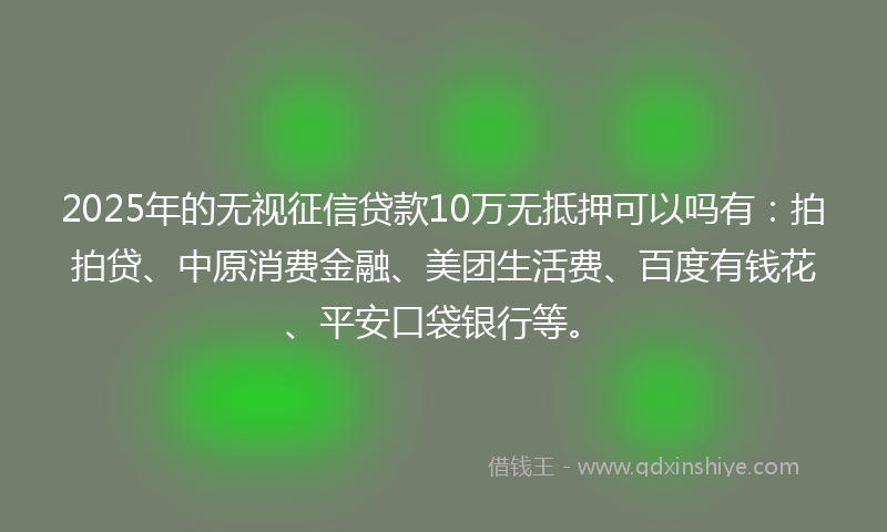 2025年的无视征信贷款10万无抵押可以吗有：拍拍贷、中原消费金融、美团生活费、百度有钱花、平安口袋银行等。