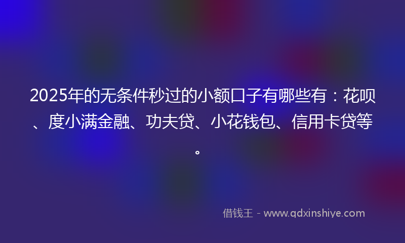 2025年的无条件秒过的小额口子有哪些有：花呗、度小满金融、功夫贷、小花钱包、信用卡贷等。