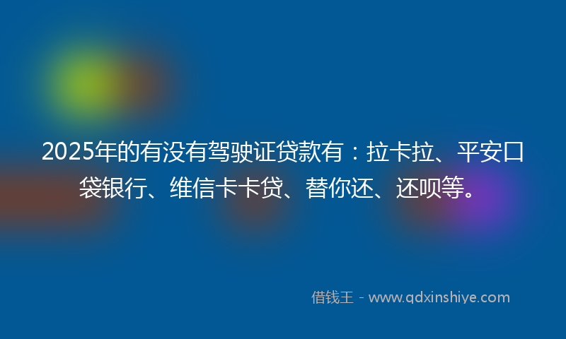 2025年的有没有驾驶证贷款有：拉卡拉、平安口袋银行、维信卡卡贷、替你还、还呗等。