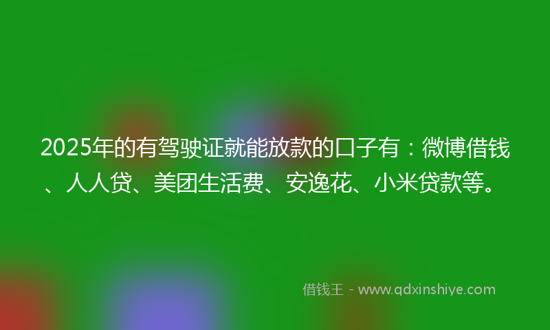 2025年的有驾驶证就能放款的口子有：微博借钱、人人贷、美团生活费、安逸花、小米贷款等。