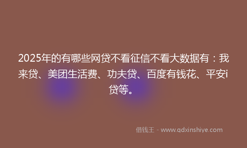 2025年的有哪些网贷不看征信不看大数据有：我来贷、美团生活费、功夫贷、百度有钱花、平安i贷等。