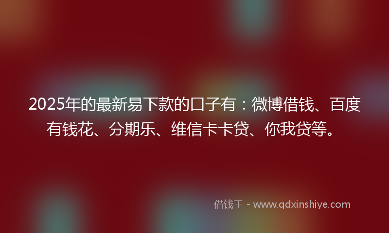 2025年的最新易下款的口子有：微博借钱、百度有钱花、分期乐、维信卡卡贷、你我贷等。