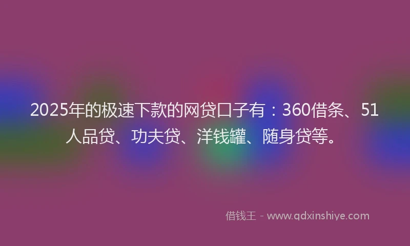 2025年的极速下款的网贷口子有：360借条、51人品贷、功夫贷、洋钱罐、随身贷等。