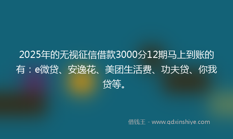 2025年的无视征信借款3000分12期马上到账的有：e微贷、安逸花、美团生活费、功夫贷、你我贷等。