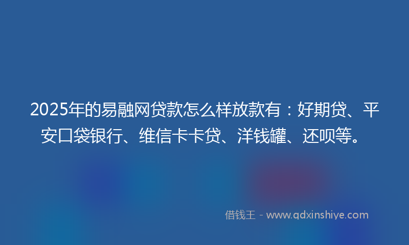 2025年的易融网贷款怎么样放款有：好期贷、平安口袋银行、维信卡卡贷、洋钱罐、还呗等。