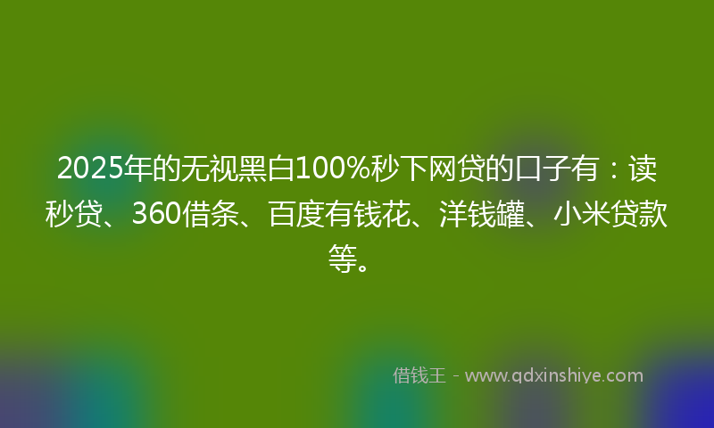 2025年的无视黑白100%秒下网贷的口子有：读秒贷、360借条、百度有钱花、洋钱罐、小米贷款等。