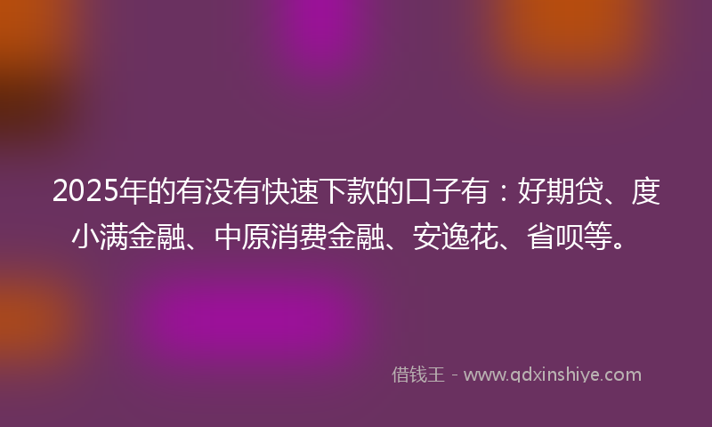 2025年的有没有快速下款的口子有：好期贷、度小满金融、中原消费金融、安逸花、省呗等。