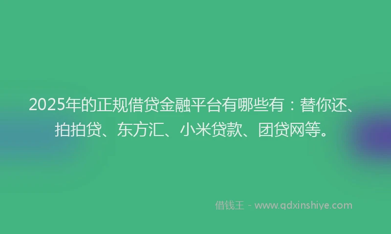 2025年的正规借贷金融平台有哪些有：替你还、拍拍贷、东方汇、小米贷款、团贷网等。