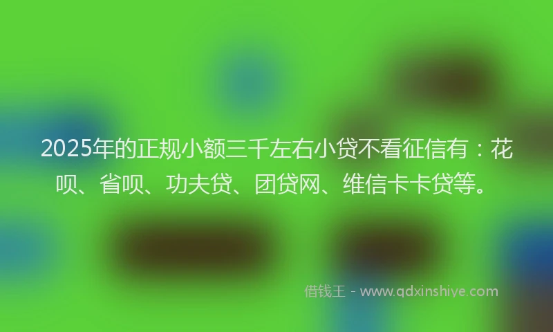 2025年的正规小额三千左右小贷不看征信有：花呗、省呗、功夫贷、团贷网、维信卡卡贷等。