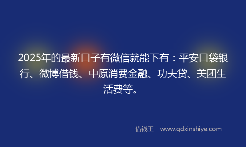 2025年的最新口子有微信就能下有：平安口袋银行、微博借钱、中原消费金融、功夫贷、美团生活费等。